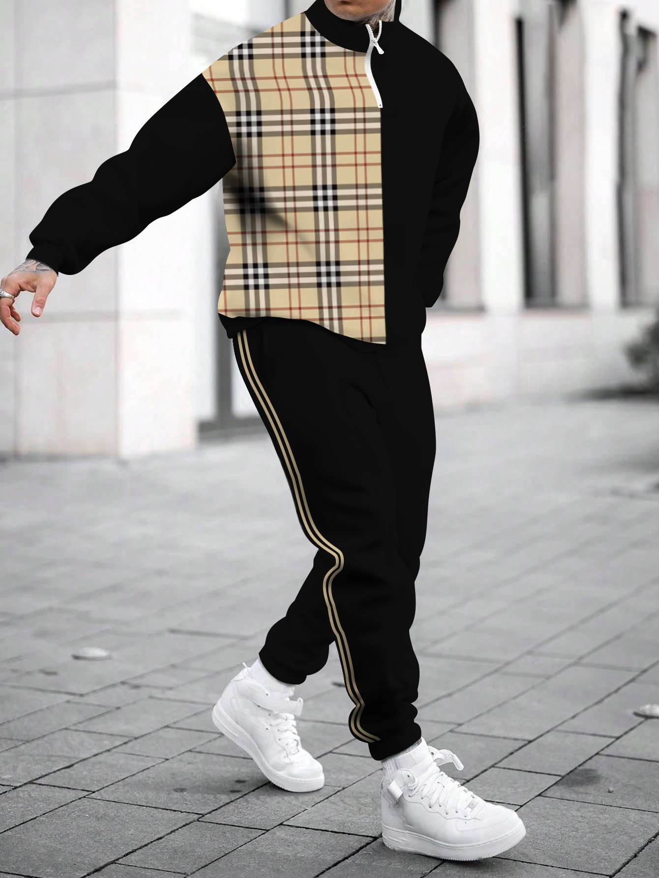 Men's fashion casual color match print long sleeve two piece set